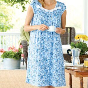 Eileen West Nightgown White & Blue Floral Cap Sleeve Waltz Length Size XL